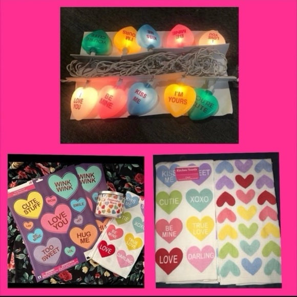 Vintage Conversation Heart string lights soy candle clings & hand towel LOT
